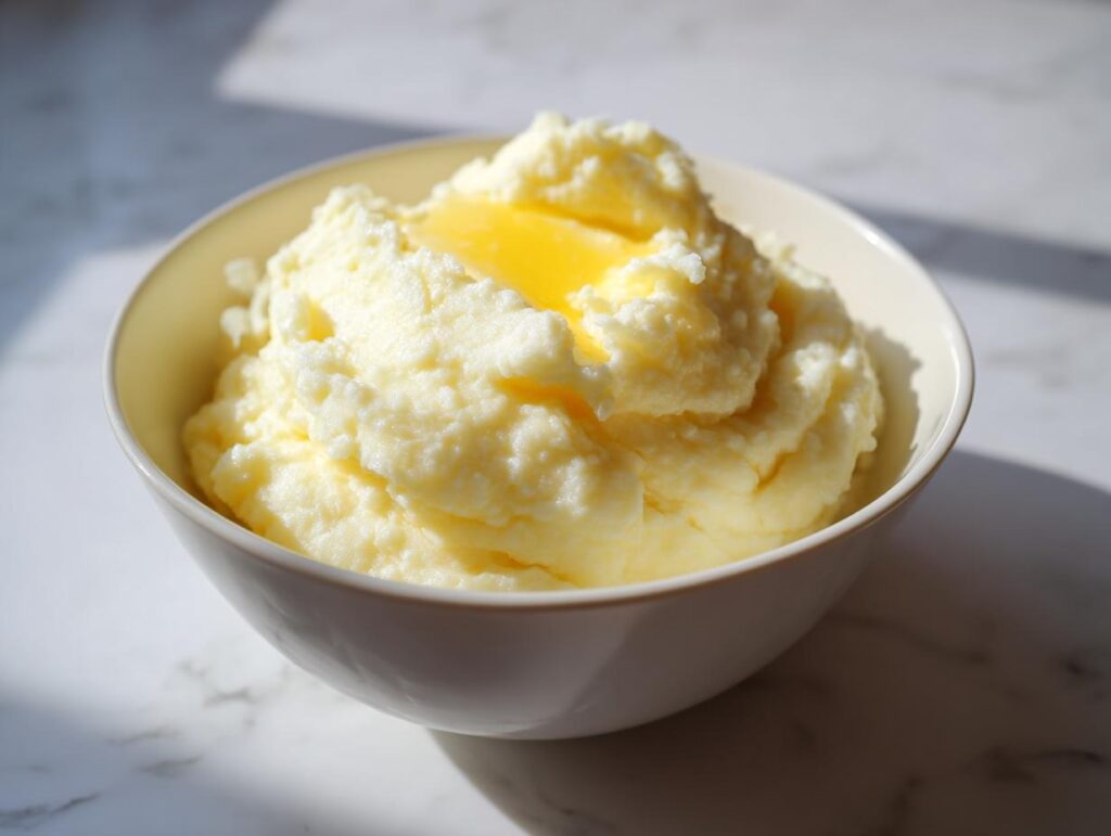 A close-up of a bowl filled with fluffy mashed potatoes topped with a melting pat of butter. This is one of the best mashed potatoes recipes.