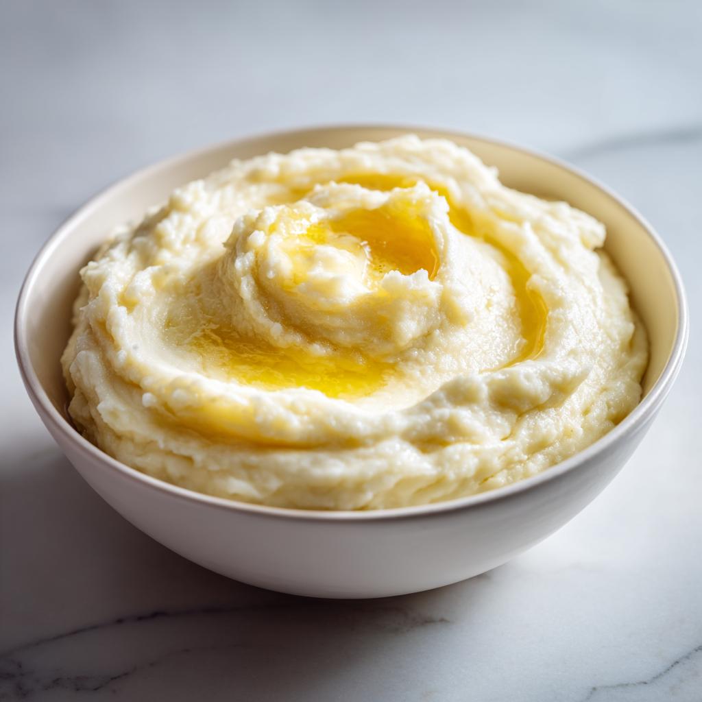 A bowl of creamy mashed potatoes recipe topped with melted butter, swirled for a beautiful presentation.