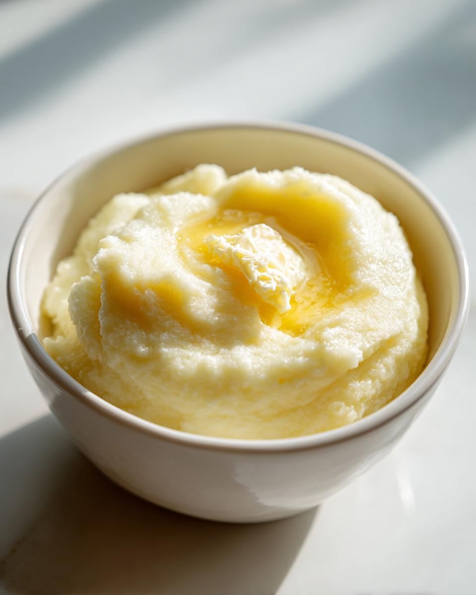A bowl of creamy mashed potatoes recipe topped with a melting pat of butter and a drizzle of liquid gold.