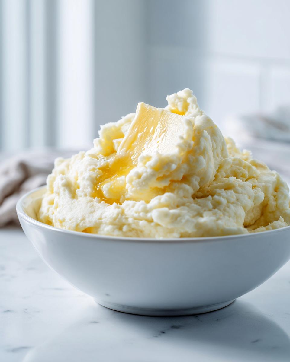 A bowl of creamy mashed potatoes recipe topped with a melting pat of butter.