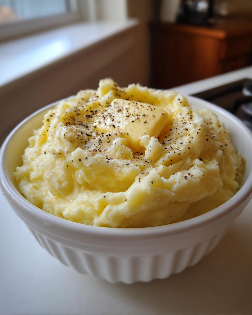 A close-up of creamy mashed potatoes in a white bowl, topped with a pat of butter and cracked black pepper.