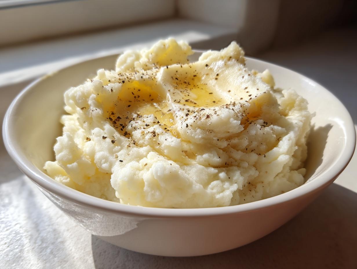 A bowl of creamy mashed potatoes recipe, topped with melted butter and cracked black pepper.