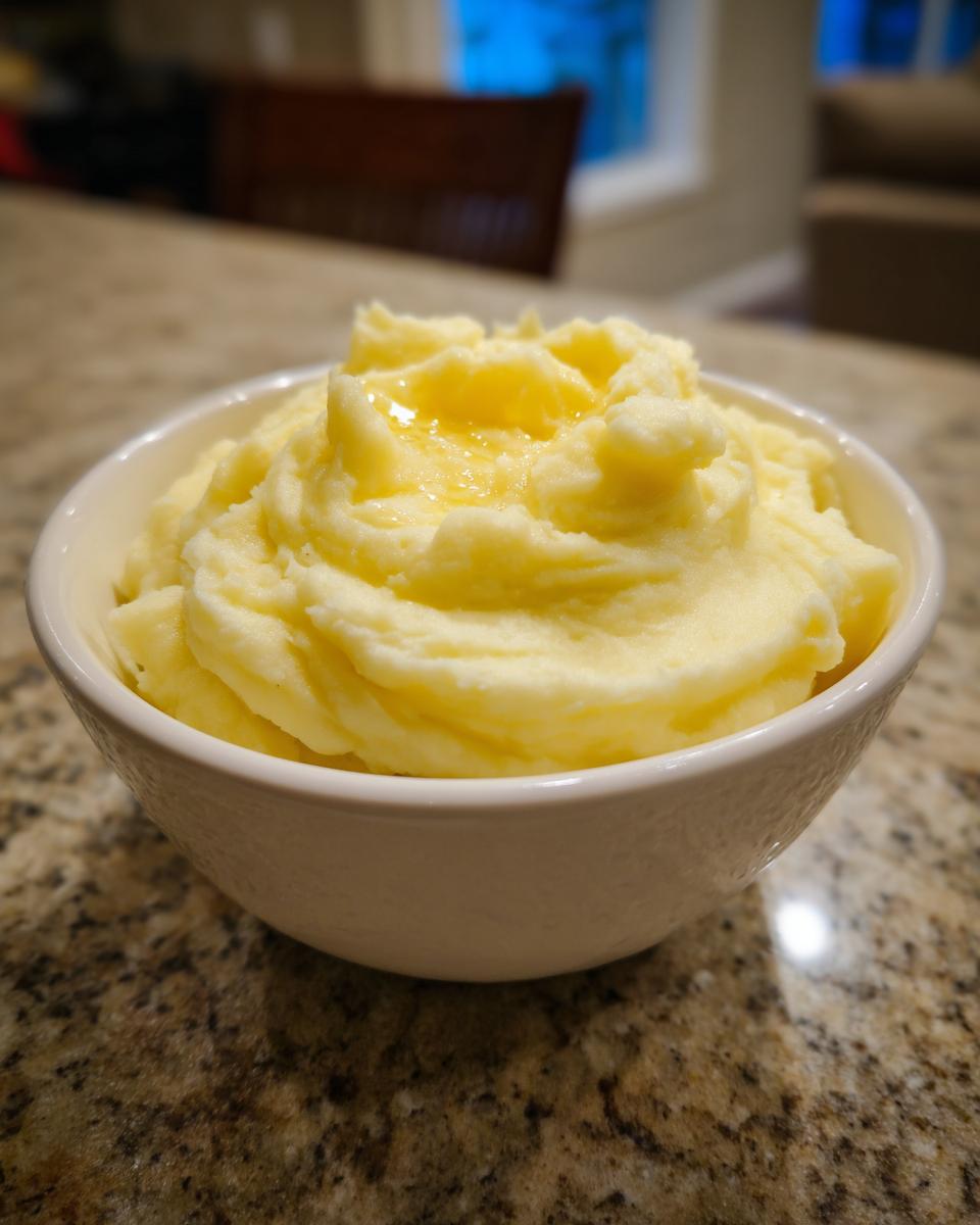 Close-up of creamy mashed potatoes in a white bowl on a granite countertop, potato recipes