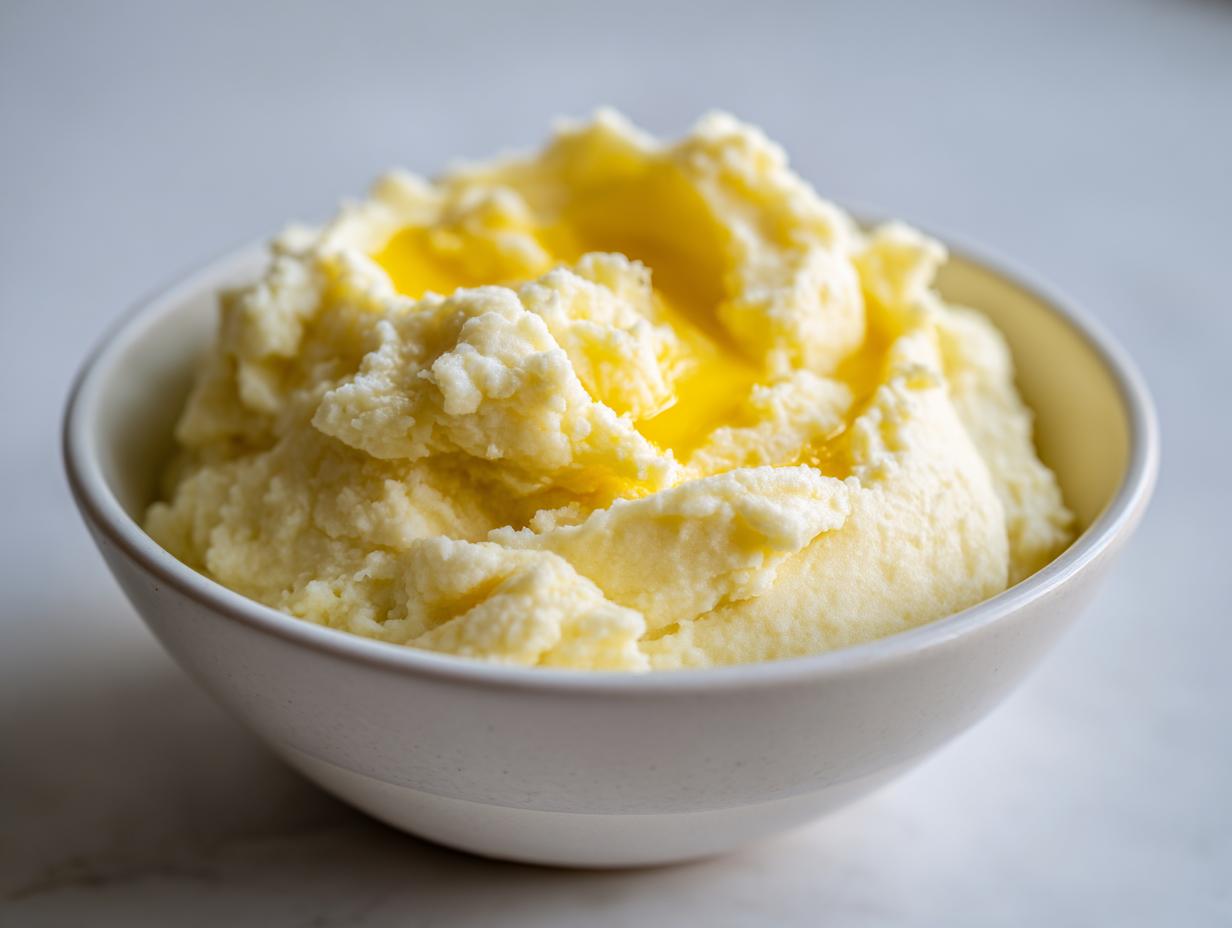Close-up of creamy mashed potatoes recipes topped with melted butter in a white bowl