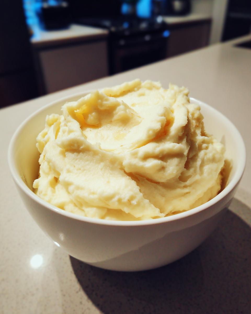 Bowl of creamy mashed potatoes with smooth texture on kitchen counter