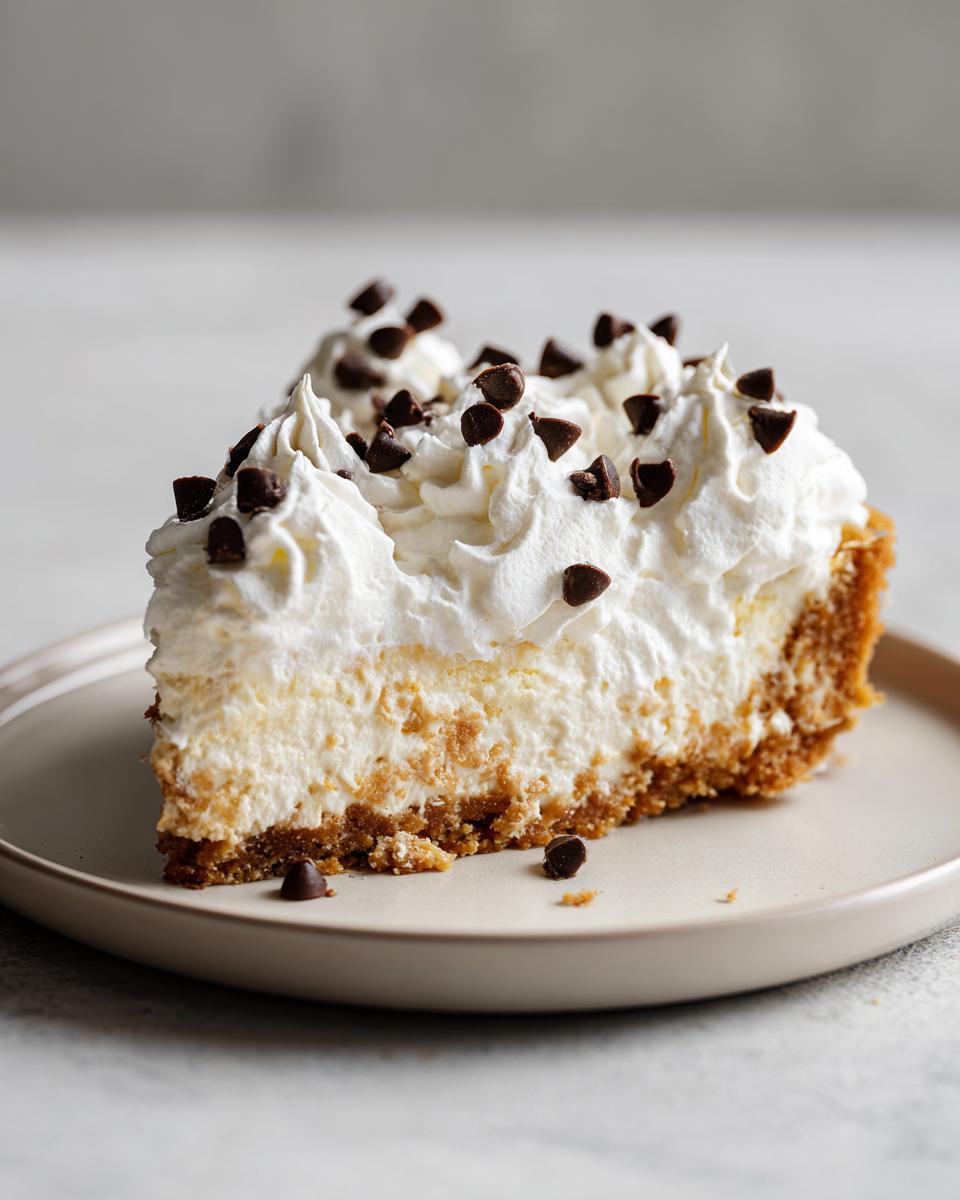 Slice of creamy no-bake dessert pie topped with whipped cream and chocolate chips on a plate.