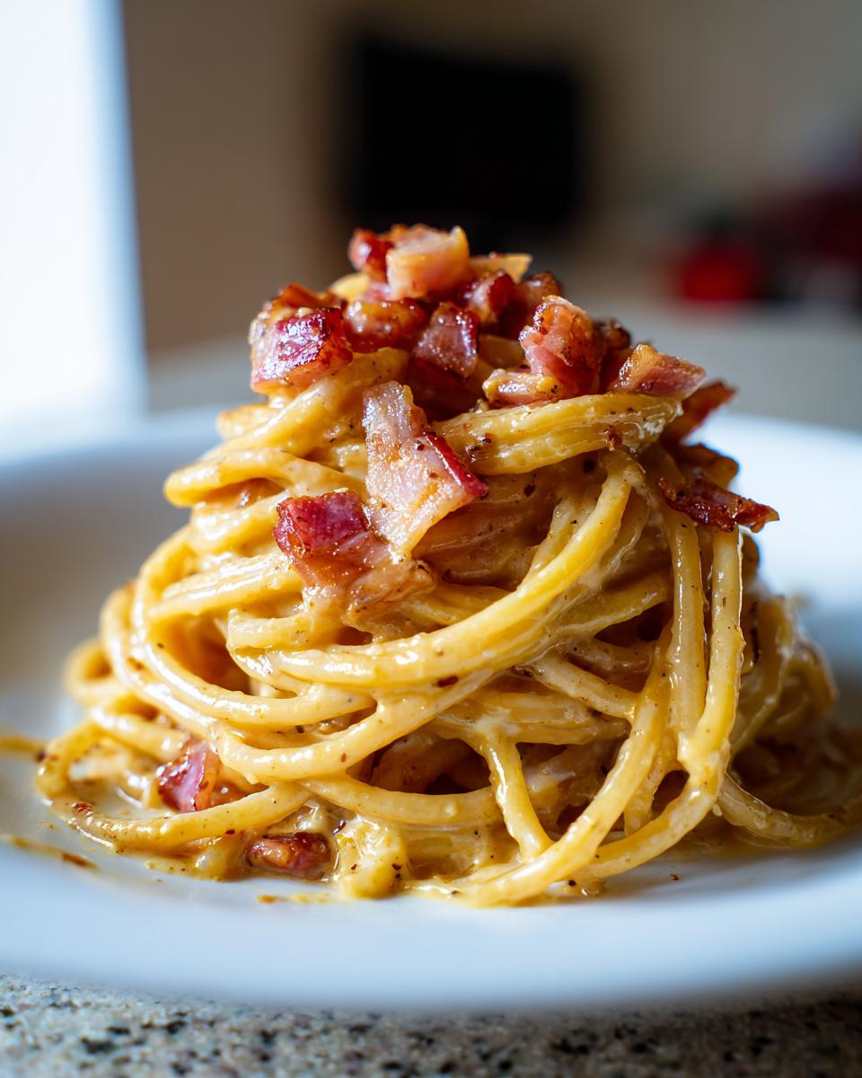 Close-up of creamy spaghetti carbonara topped with crispy bacon, served on a white plate.