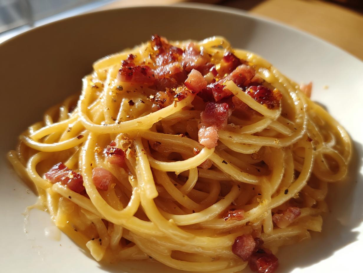 Close-up of creamy spaghetti carbonara topped with crispy pancetta and black pepper on a white plate