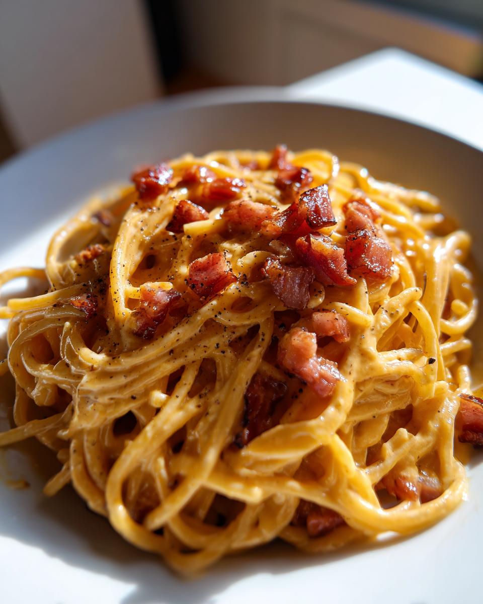 Close-up of creamy spaghetti carbonara topped with crispy bacon pieces and black pepper.