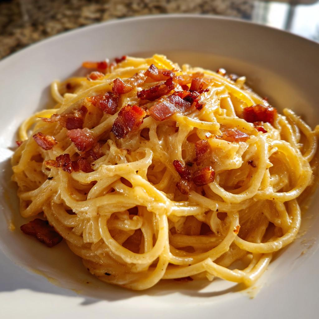 Plate of creamy spaghetti carbonara topped with crispy bacon pieces for dinner recipes