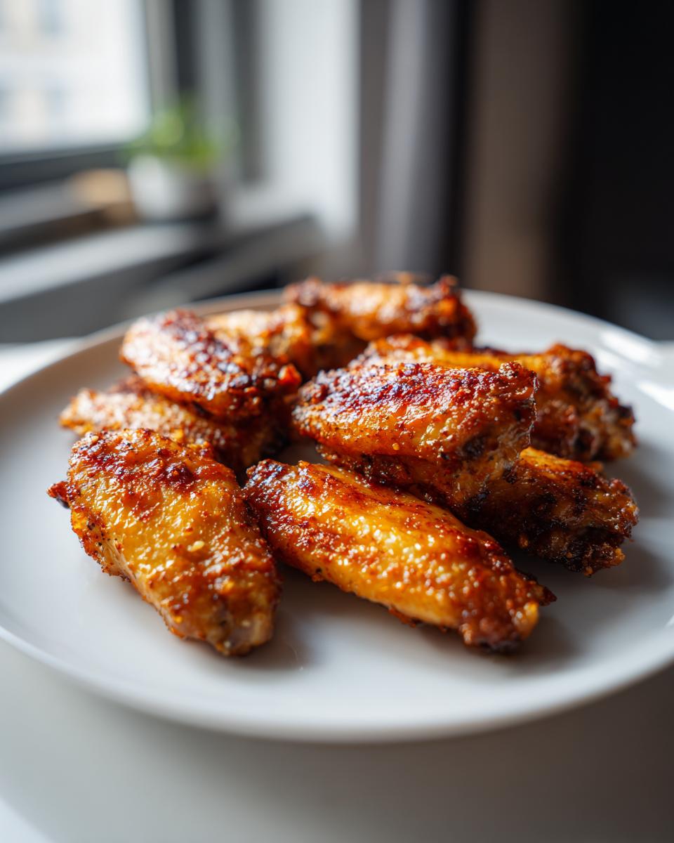 A plate piled high with golden-brown, crispy chicken wings, a perfect example of air fryer recipes.