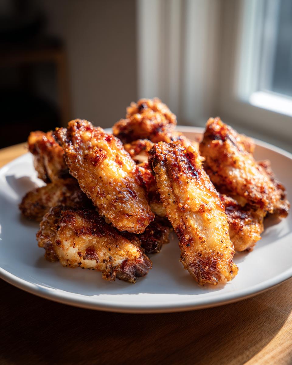 Close-up of a pile of golden-brown, crispy chicken wings cooked in an air fryer, ready to be served.