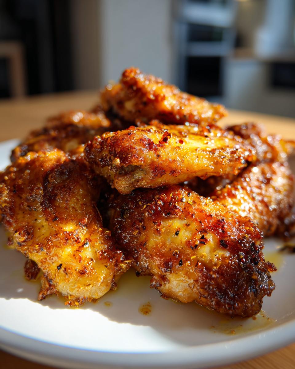 Close-up of crispy golden air fryer chicken wings stacked on a white plate.