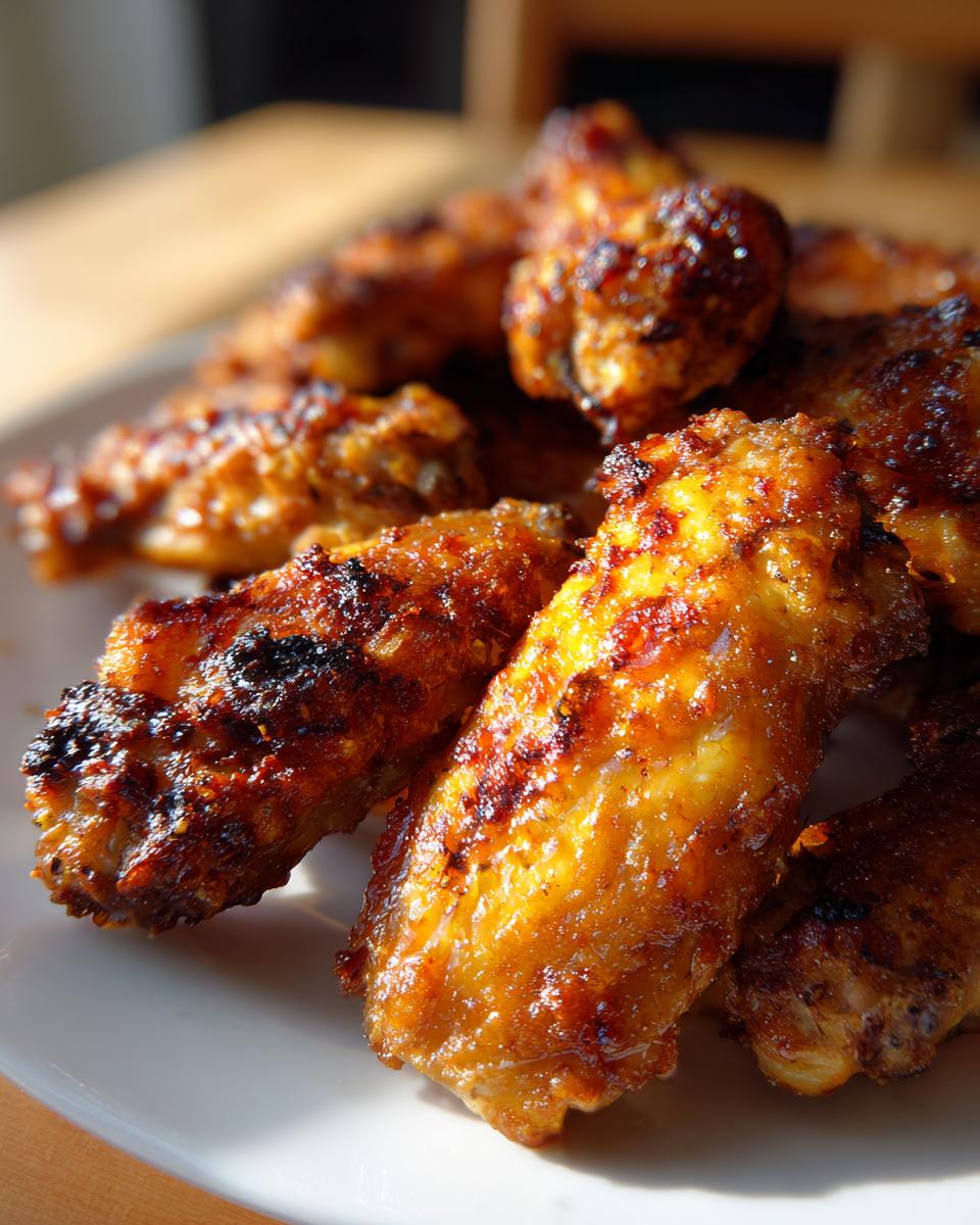 Close-up of crispy air fryer chicken wings with golden-brown skin on a white plate.
