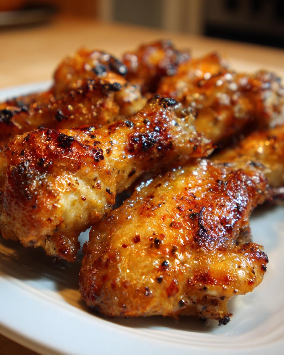 Close-up of crispy and seasoned air fryer chicken wings on a white plate.