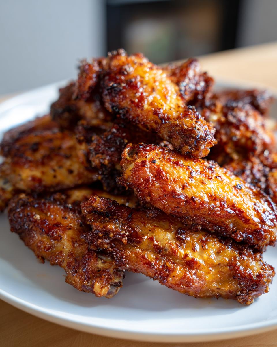 Plate of crispy, golden brown chicken wings cooked with air fryer recipes.