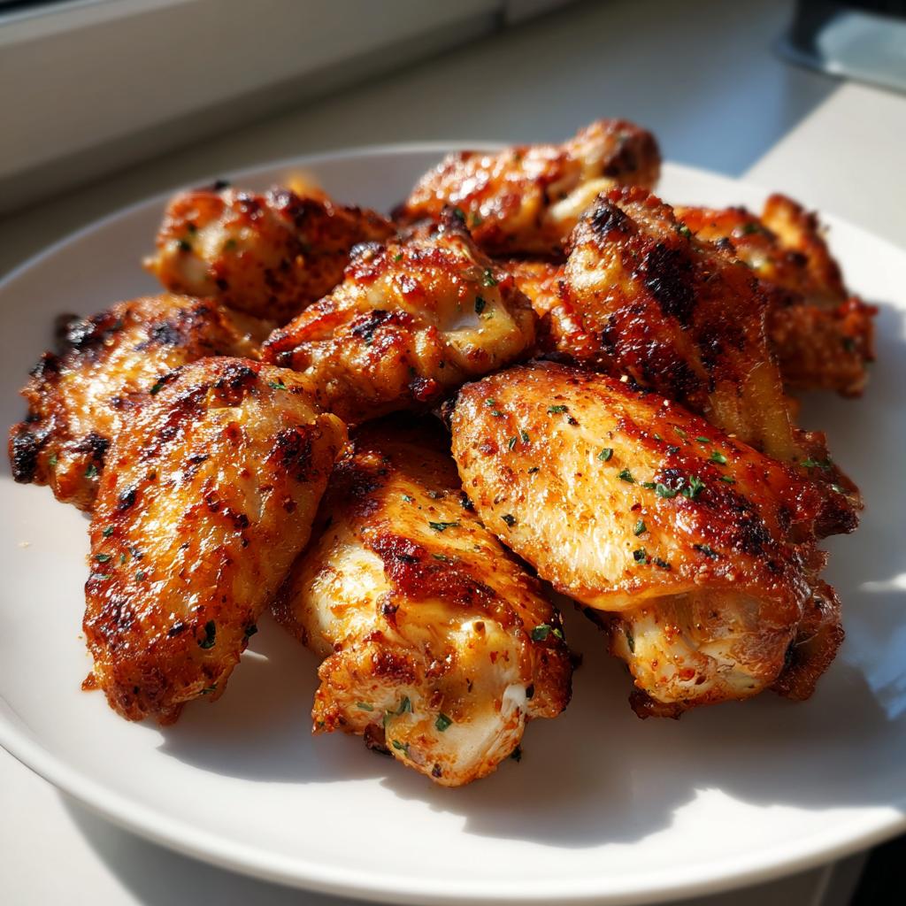 A plate of perfectly cooked, crispy air fryer chicken wings seasoned with herbs.