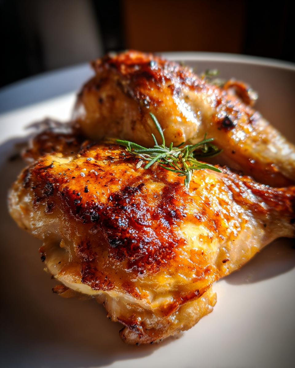 Close-up of crispy baked chicken thighs garnished with fresh rosemary on a white plate