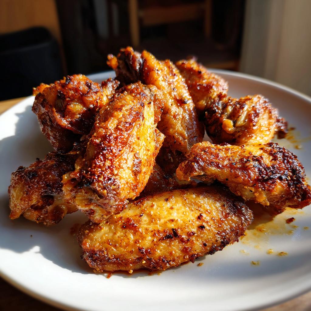 A pile of golden-brown, crispy baked chicken wings on a white plate, ready to be enjoyed.