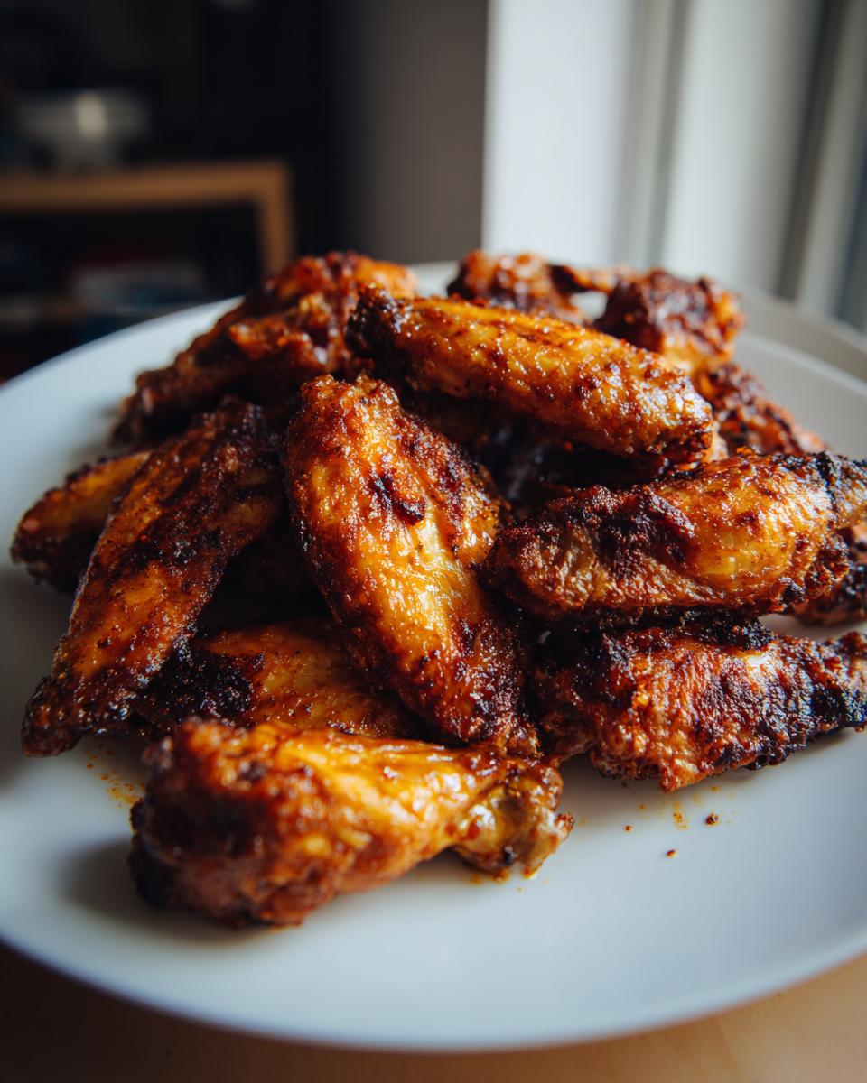 A close-up, overhead shot of a pile of perfectly crispy baked chicken wings on a white plate.