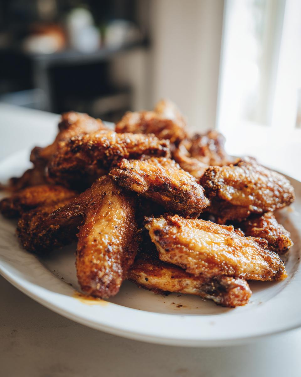 A close-up shot of a pile of golden-brown, crispy baked chicken wings on a white plate, ready to be served.