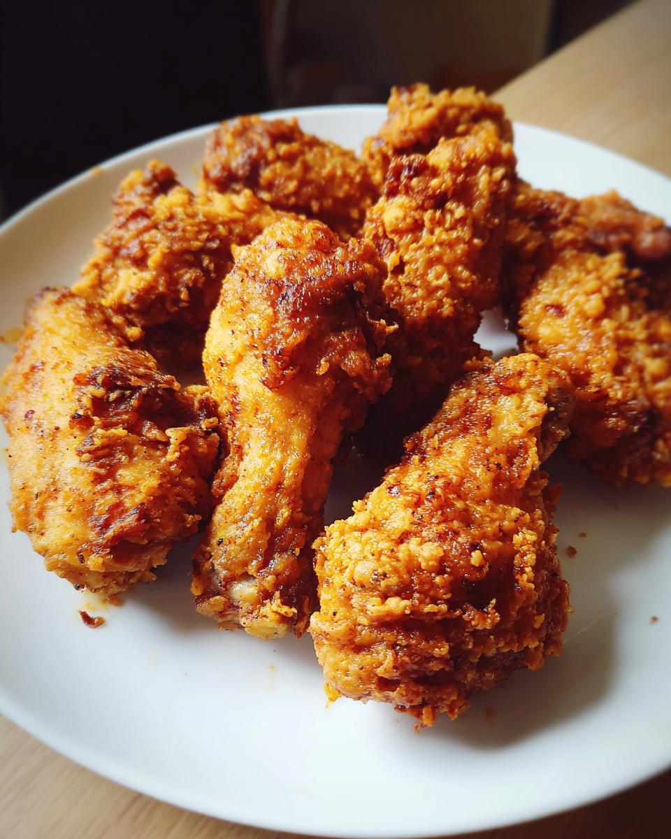 A close-up shot of a pile of perfectly crispy baked chicken wings on a white plate.