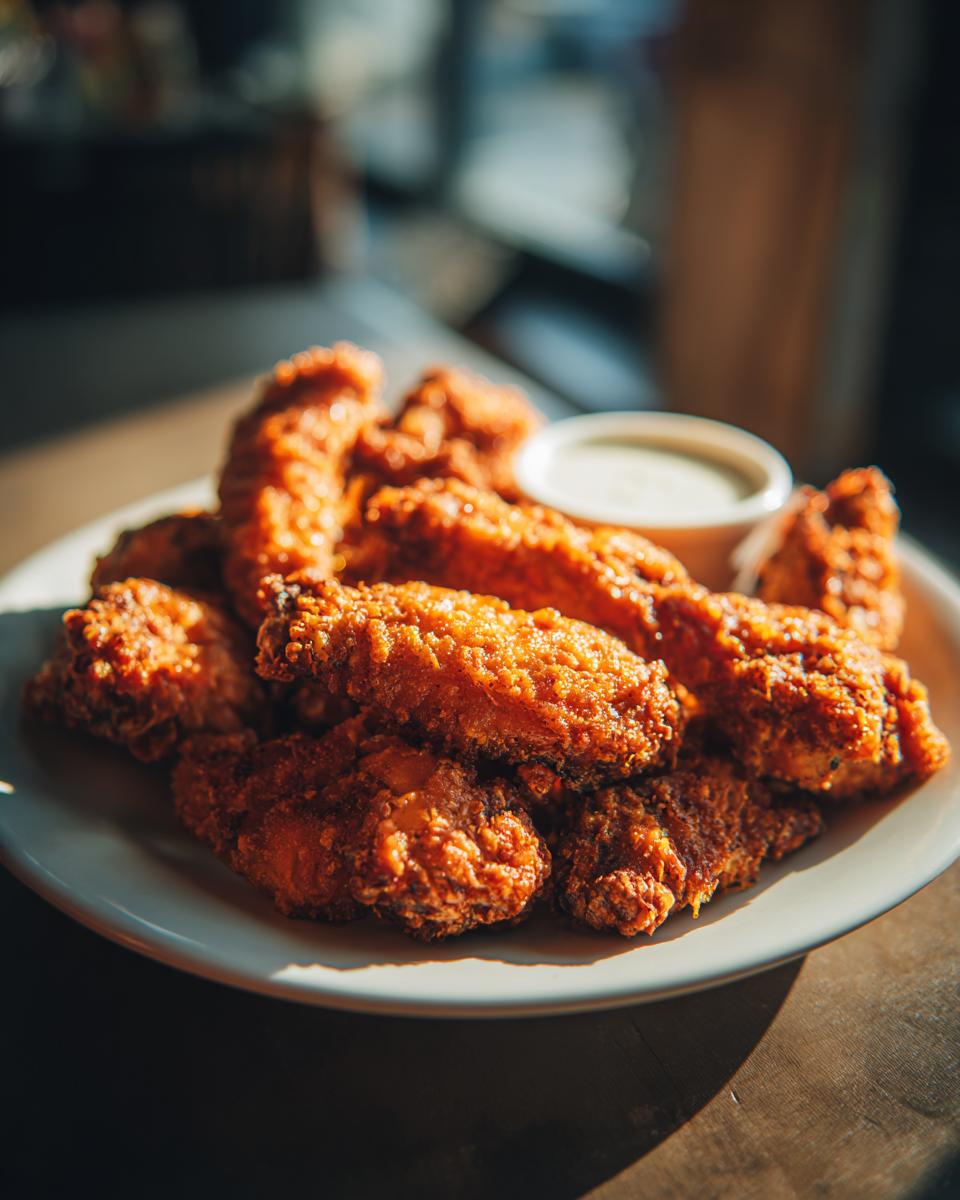 Plate of crispy baked chicken wings served with a side of creamy dipping sauce.