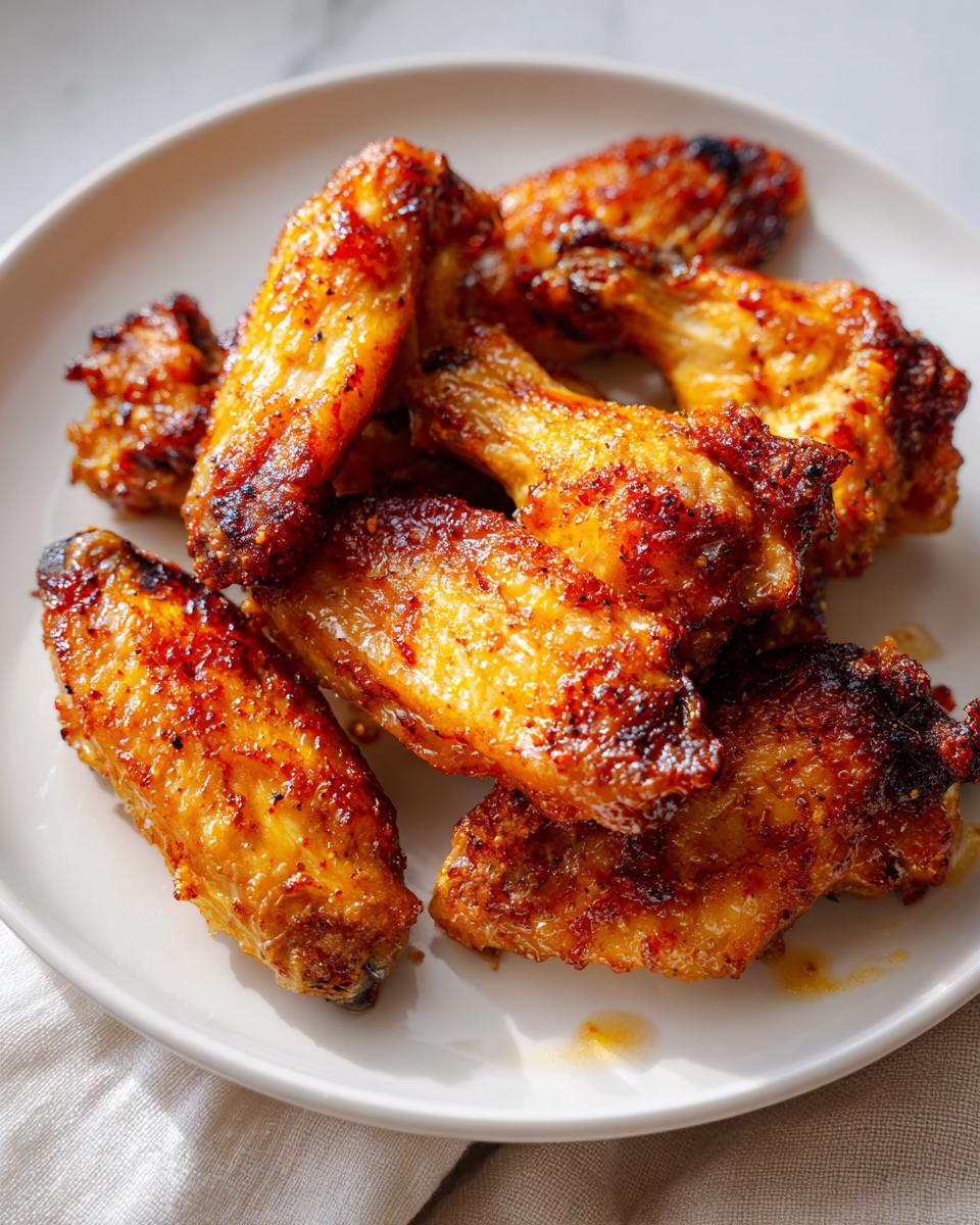 A close-up shot of perfectly crispy baked chicken wings on a white plate, showcasing their golden-brown, slightly charred texture.