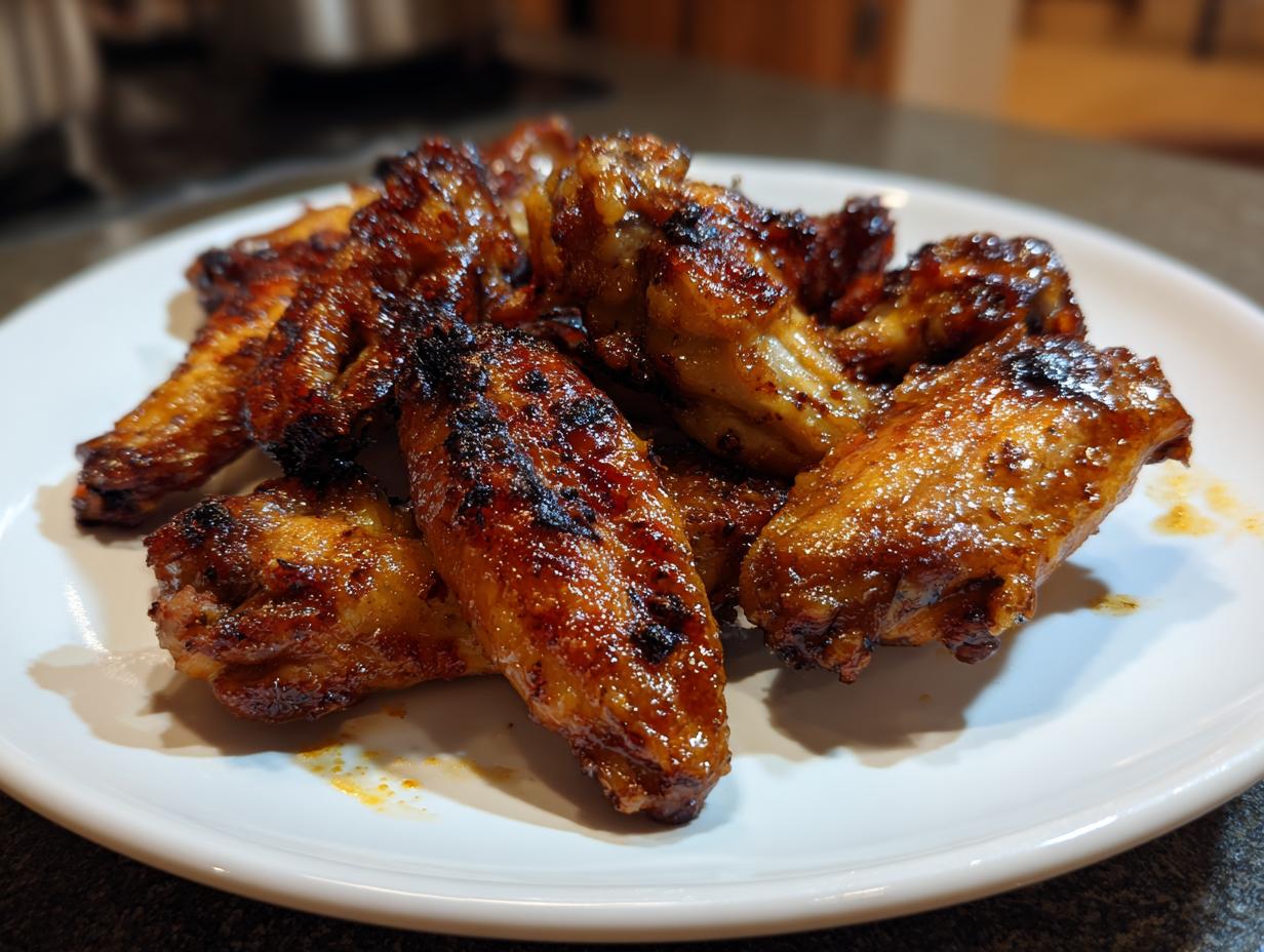A close-up of a pile of perfectly baked crispy chicken wings, glistening with sauce on a white plate.