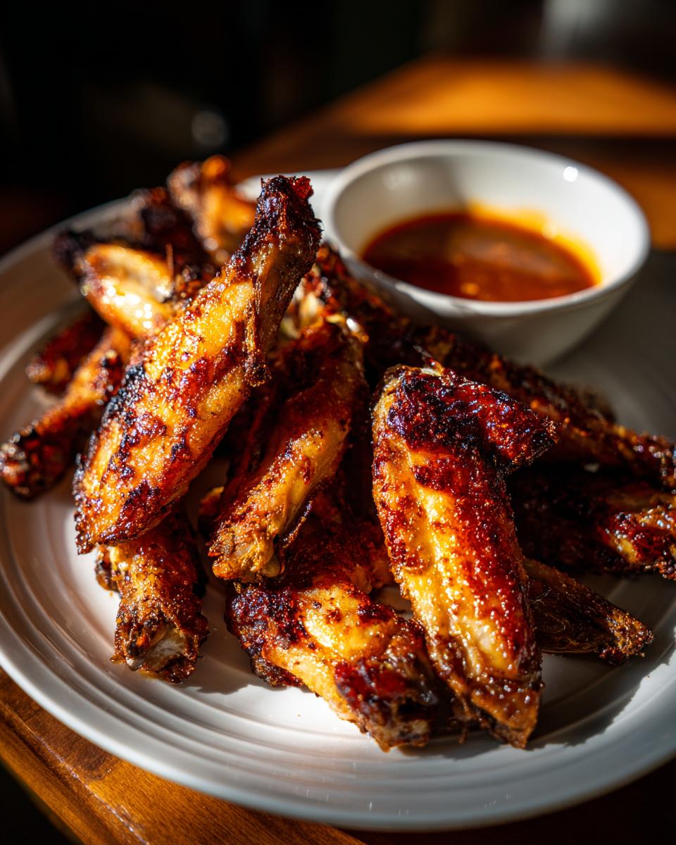 Plate of crispy baked chicken wings with a small bowl of dipping sauce