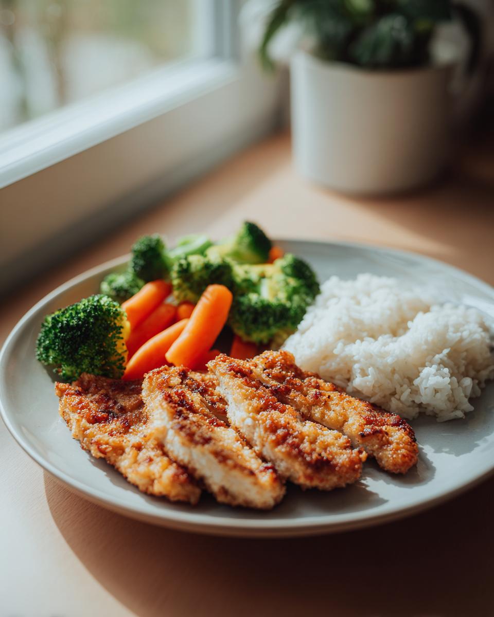 A plate of crispy breaded chicken strips served with steamed rice and a side of broccoli and carrots, perfect for dinner recipes.