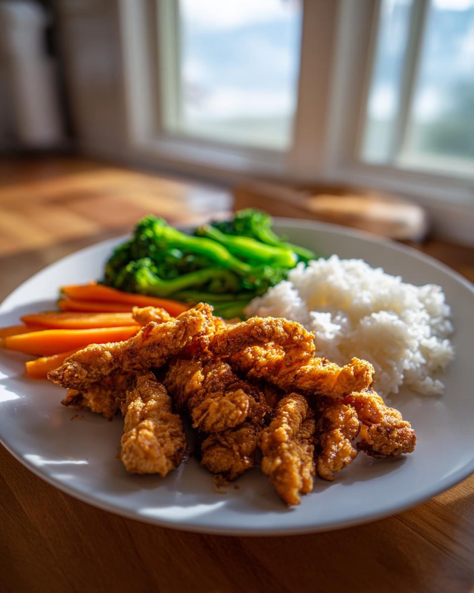 A plate of crispy chicken tenders served with steamed rice, broccoli, and carrots, perfect for quick dinner recipes.