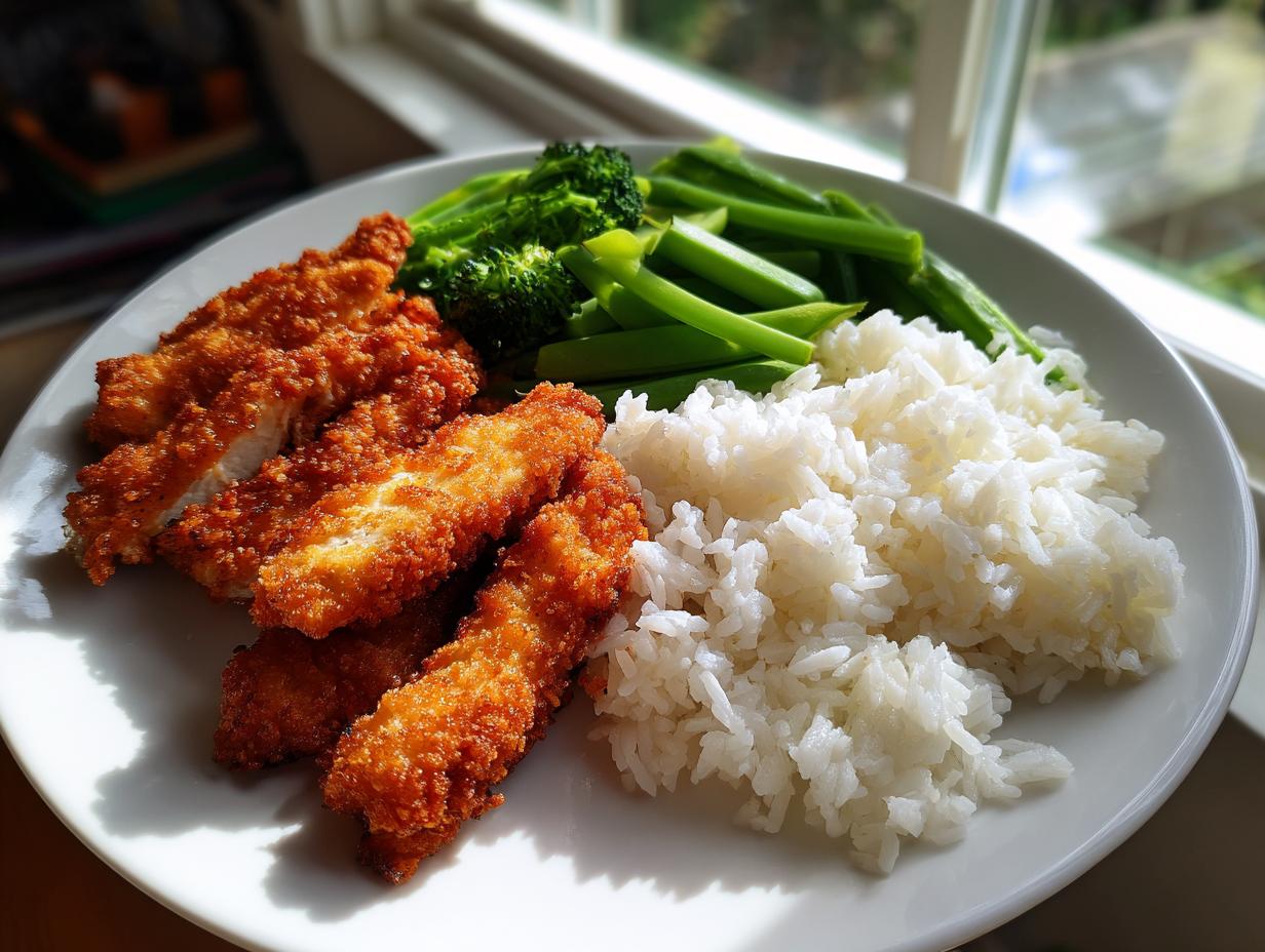A plate of crispy fried chicken strips served with white rice and steamed broccoli and green beans, perfect for quick dinner recipes.