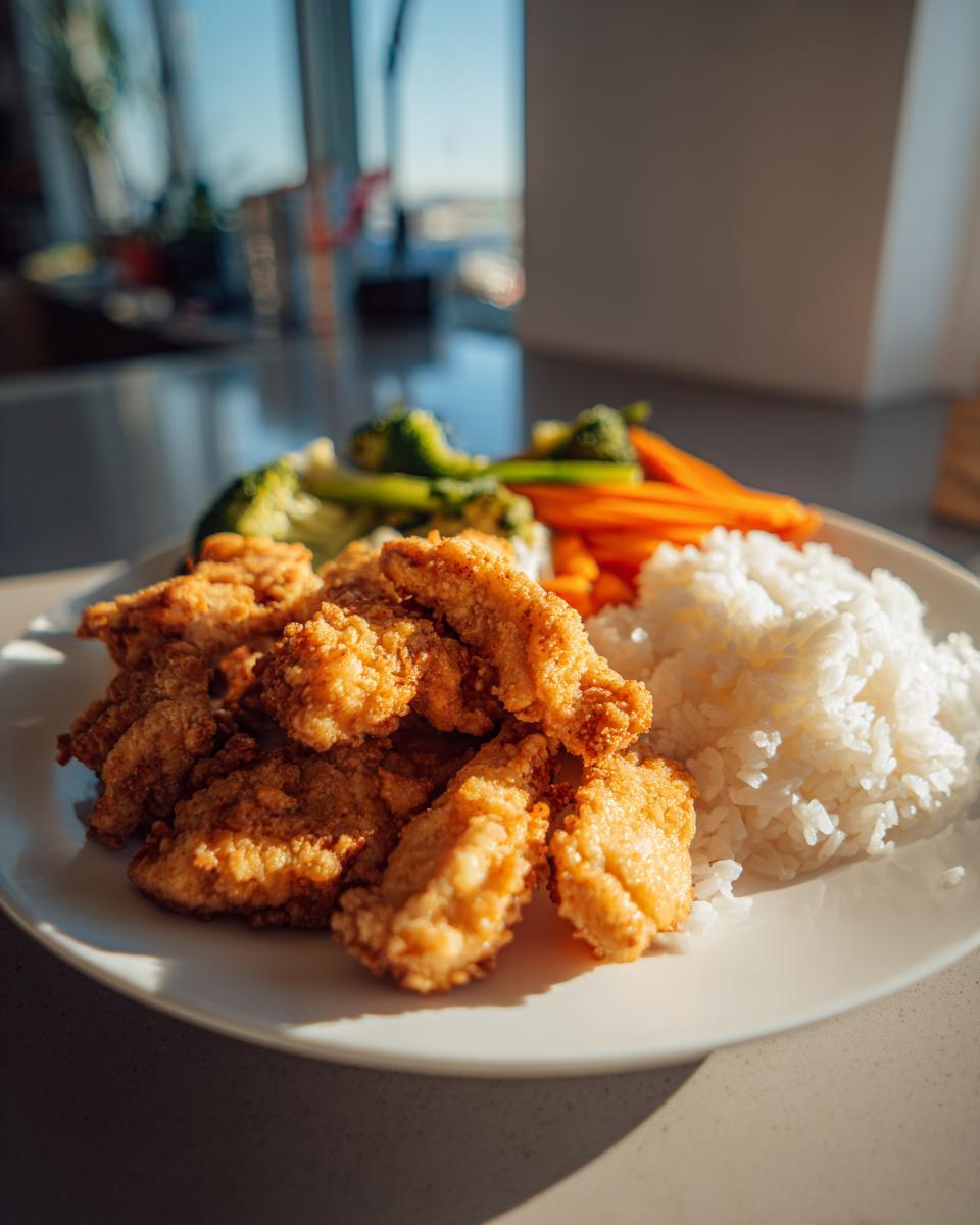A plate of crispy fried chicken strips served with white rice, steamed broccoli, and carrots, perfect for quick dinner recipes.