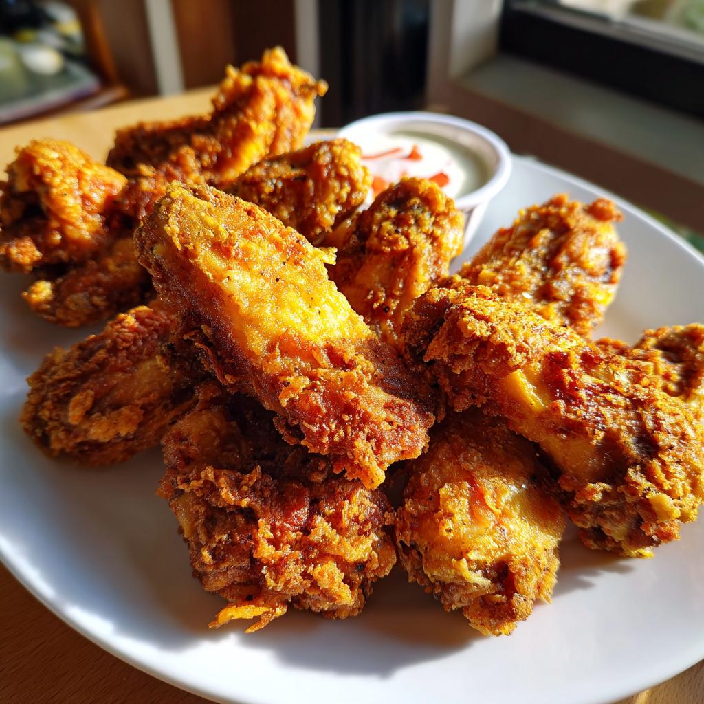 Plate of crispy fried chicken wings served with a side of dipping sauce