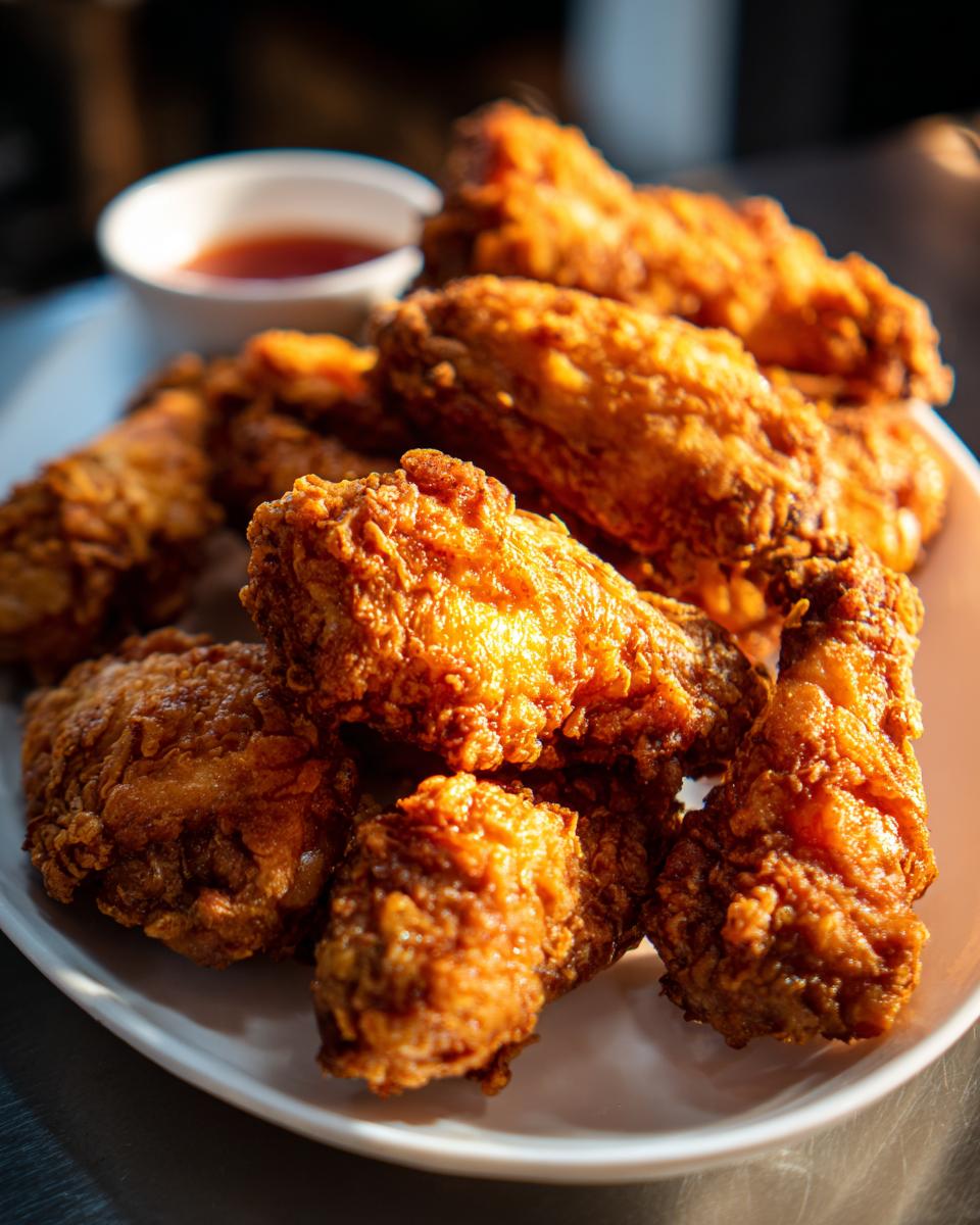 Close-up of crispy fried chicken wings on a white plate with dipping sauce.