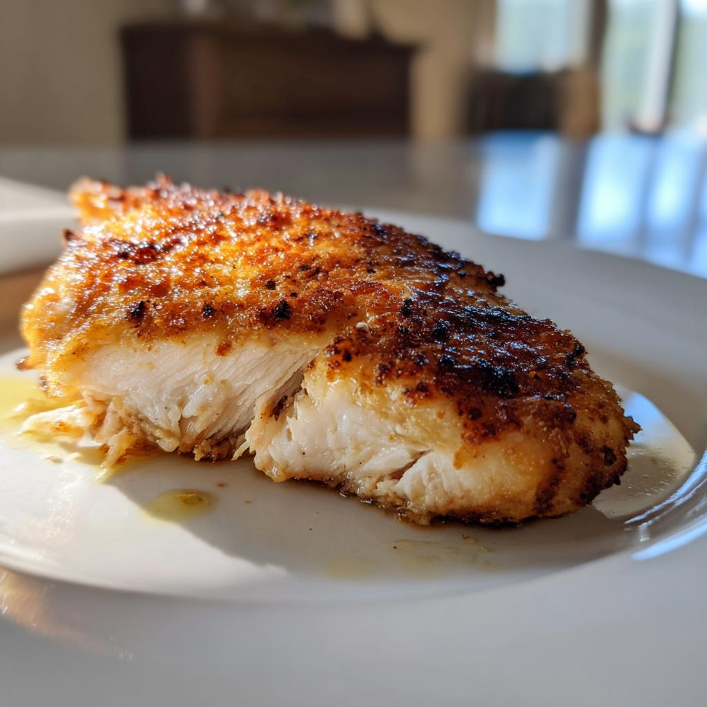 Close-up of a crispy pan-fried chicken breast piece on a white plate.
