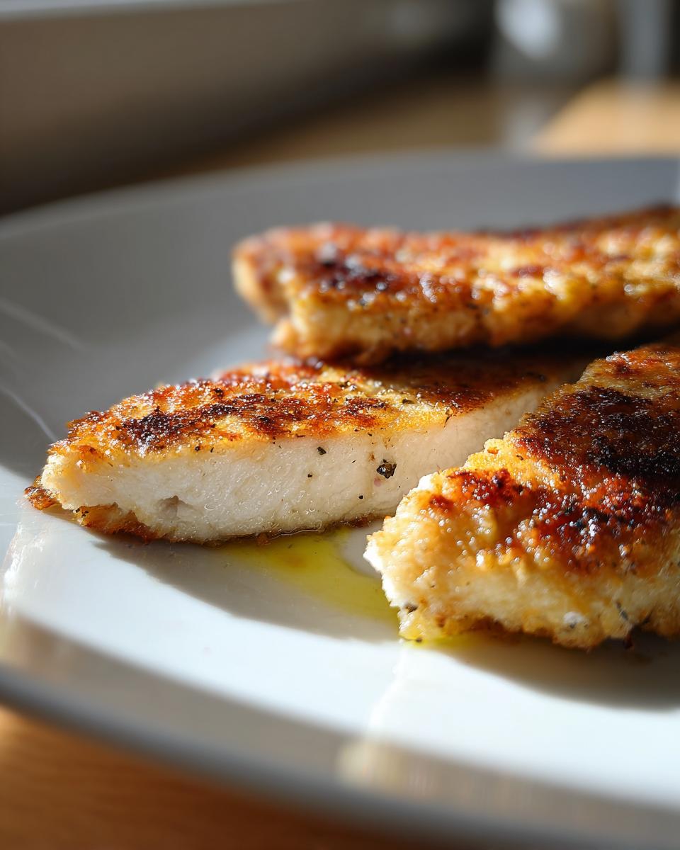 Close-up of crispy pan-fried chicken fillets with golden brown crust on a white plate.