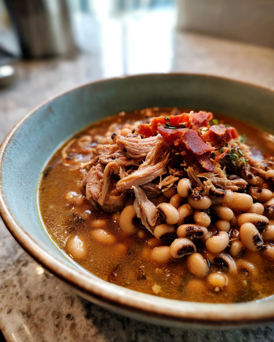 A close-up of a bowl filled with tender black eyed peas recipe crock pot, shredded pork, and crispy bacon.
