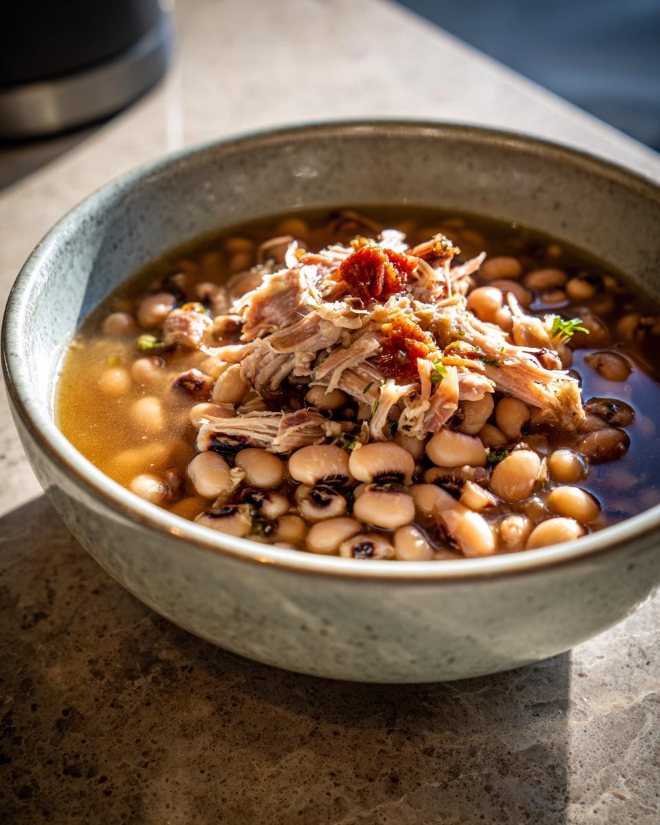 A close-up of a bowl filled with black eyed peas recipe crock pot, topped with shredded pork and a dollop of tomato paste.