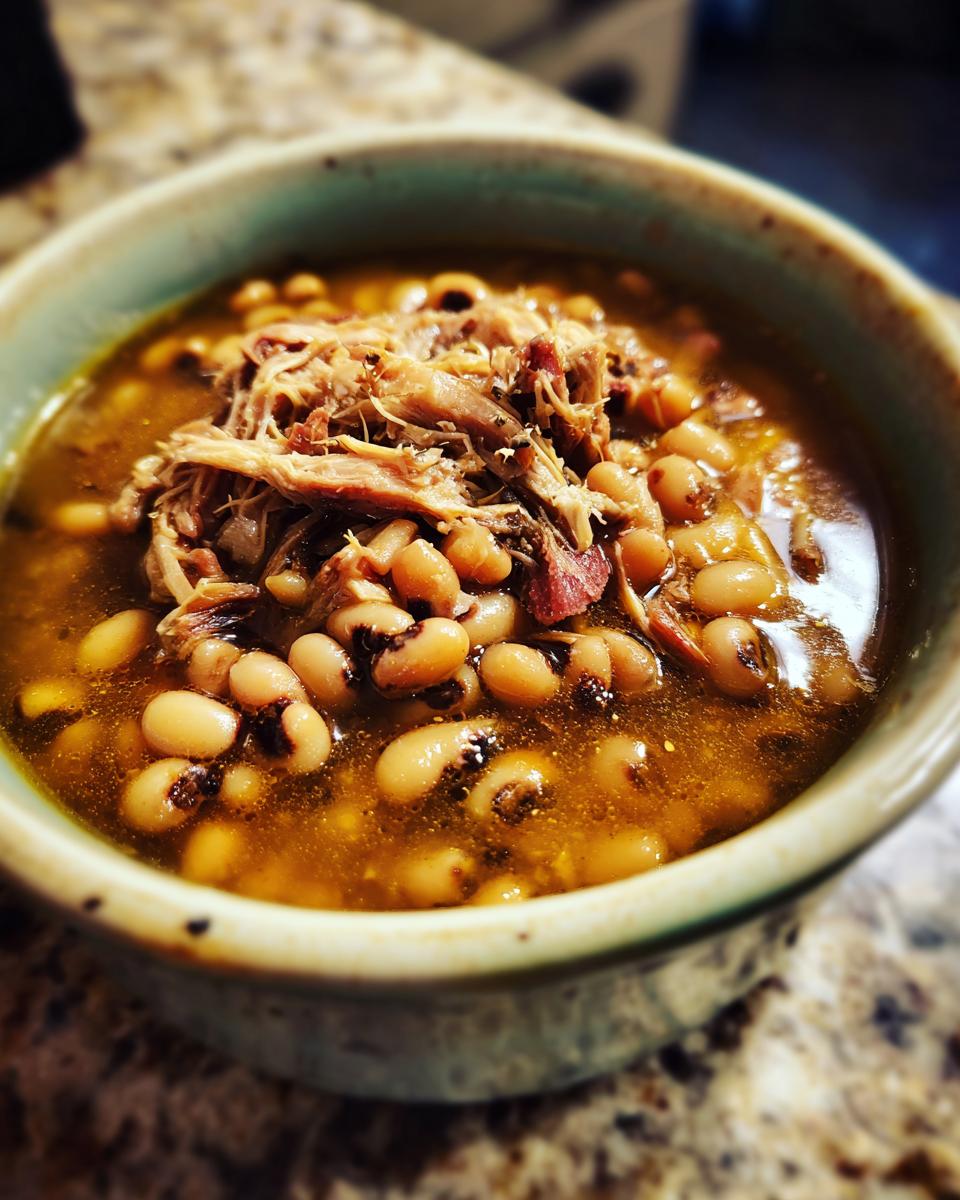 A close-up bowl of hearty black eyed peas recipe crock pot topped with tender pulled pork.