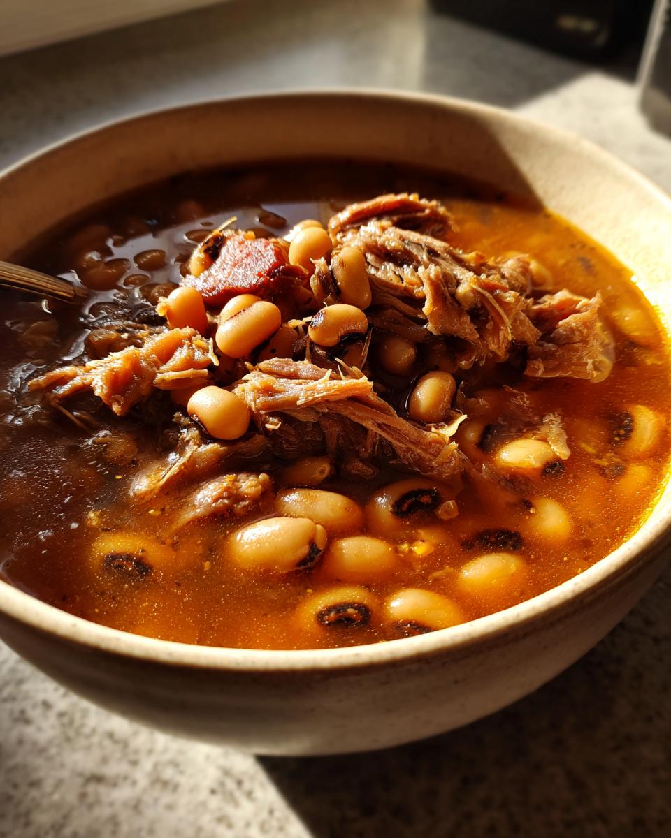 A close-up bowl of steaming crock pot black eyed peas recipe with tender shredded meat and savory broth.