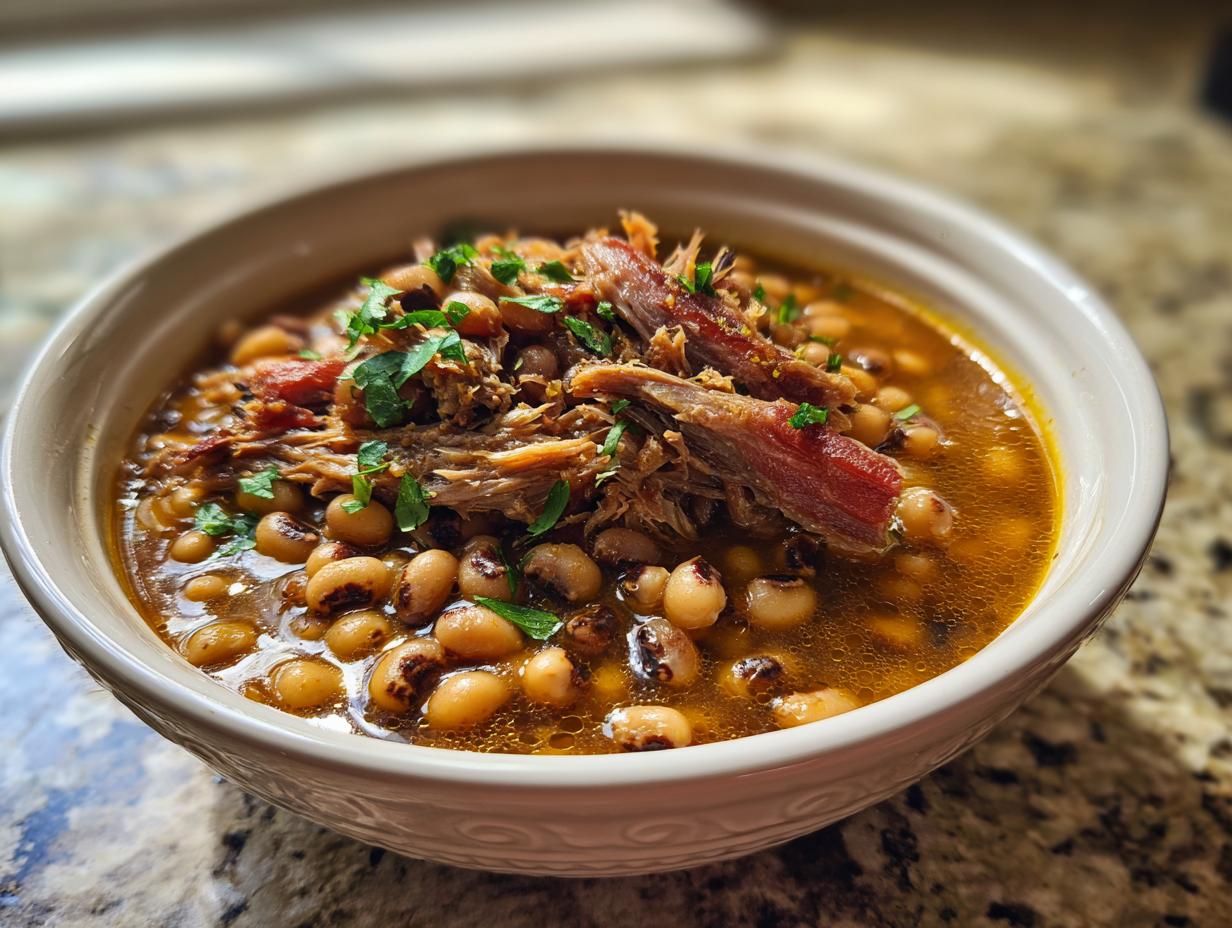 A bowl of steaming black eyed peas recipe crock pot, topped with shredded meat and fresh parsley.