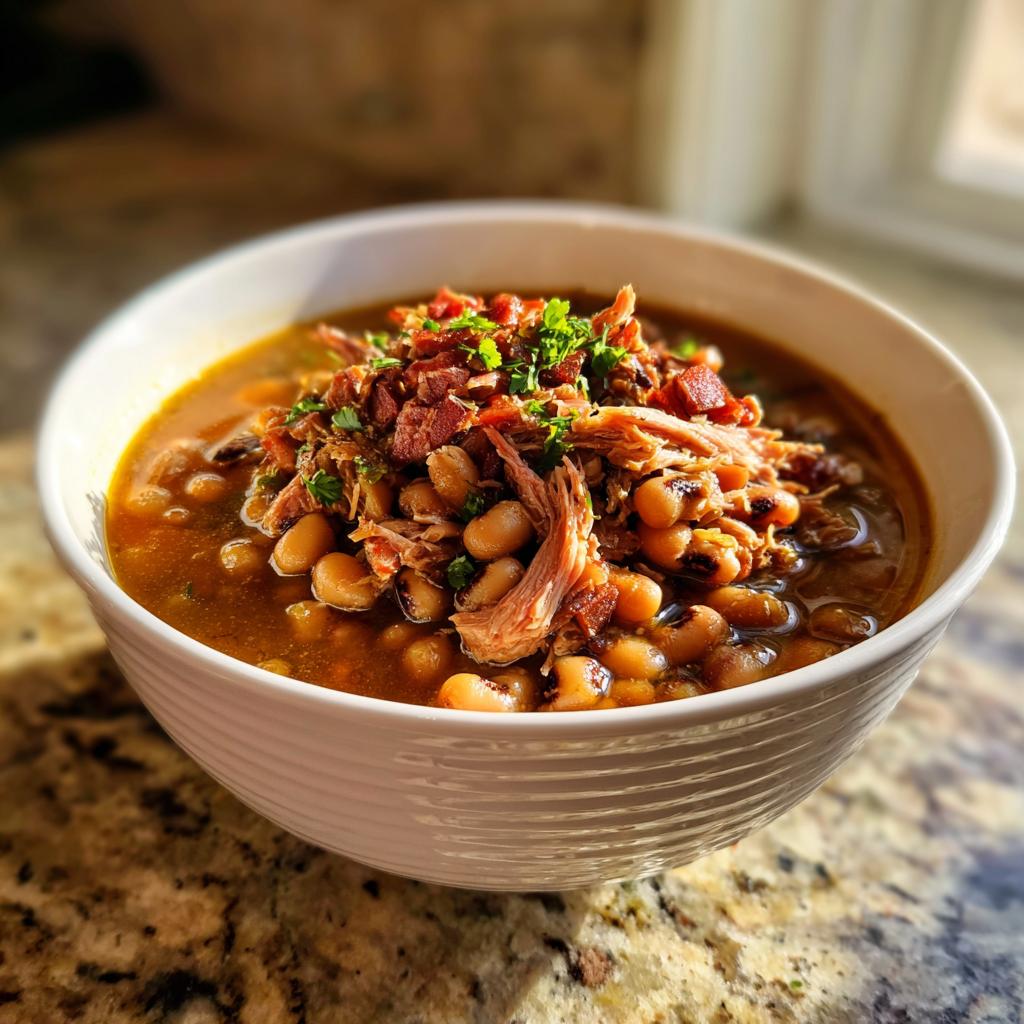 A bowl of steaming black eyed peas recipe crock pot, topped with pulled pork and crispy bacon bits, garnished with parsley.