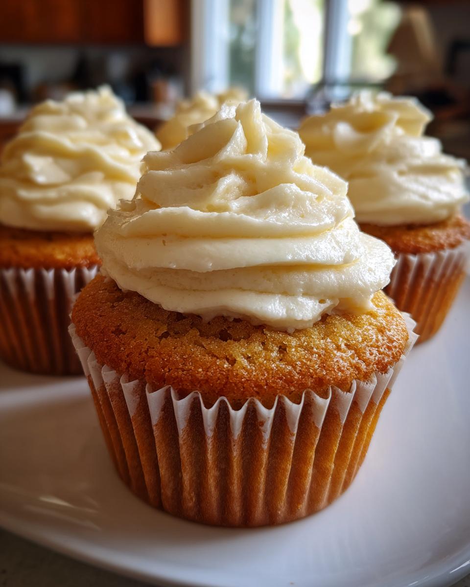 Close-up of golden cupcakes topped with swirls of creamy vanilla frosting. A delightful addition to your cupcake ideas.