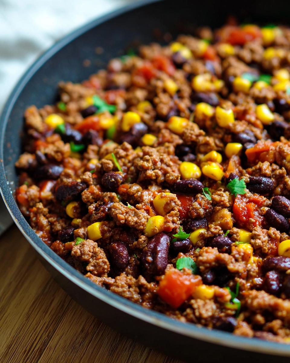 Close-up of a skillet filled with ground beef, kidney beans, corn, and tomatoes, a perfect easy dinner recipe.