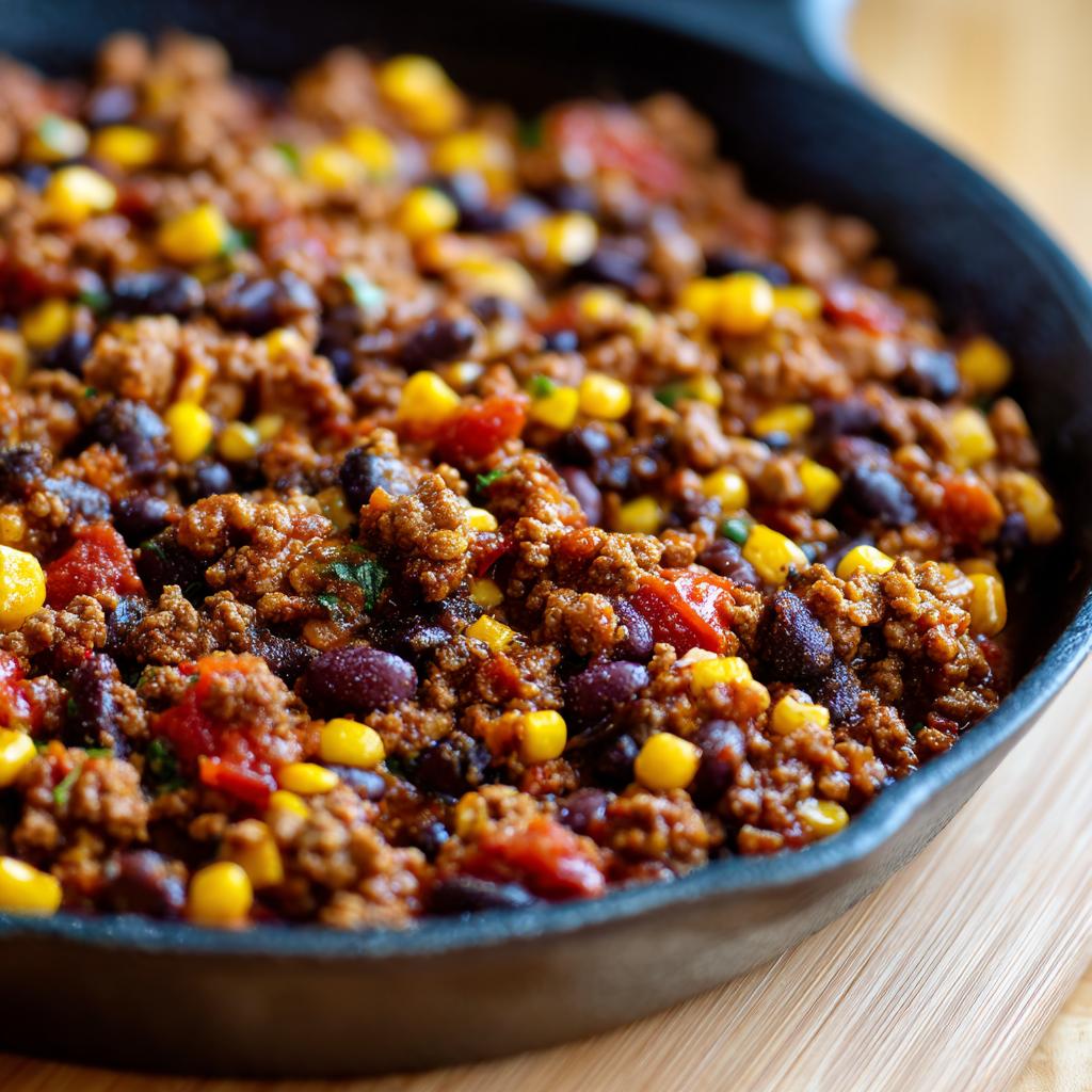 Close-up of a hearty ground beef, black bean, and corn skillet, perfect for easy dinner recipes.
