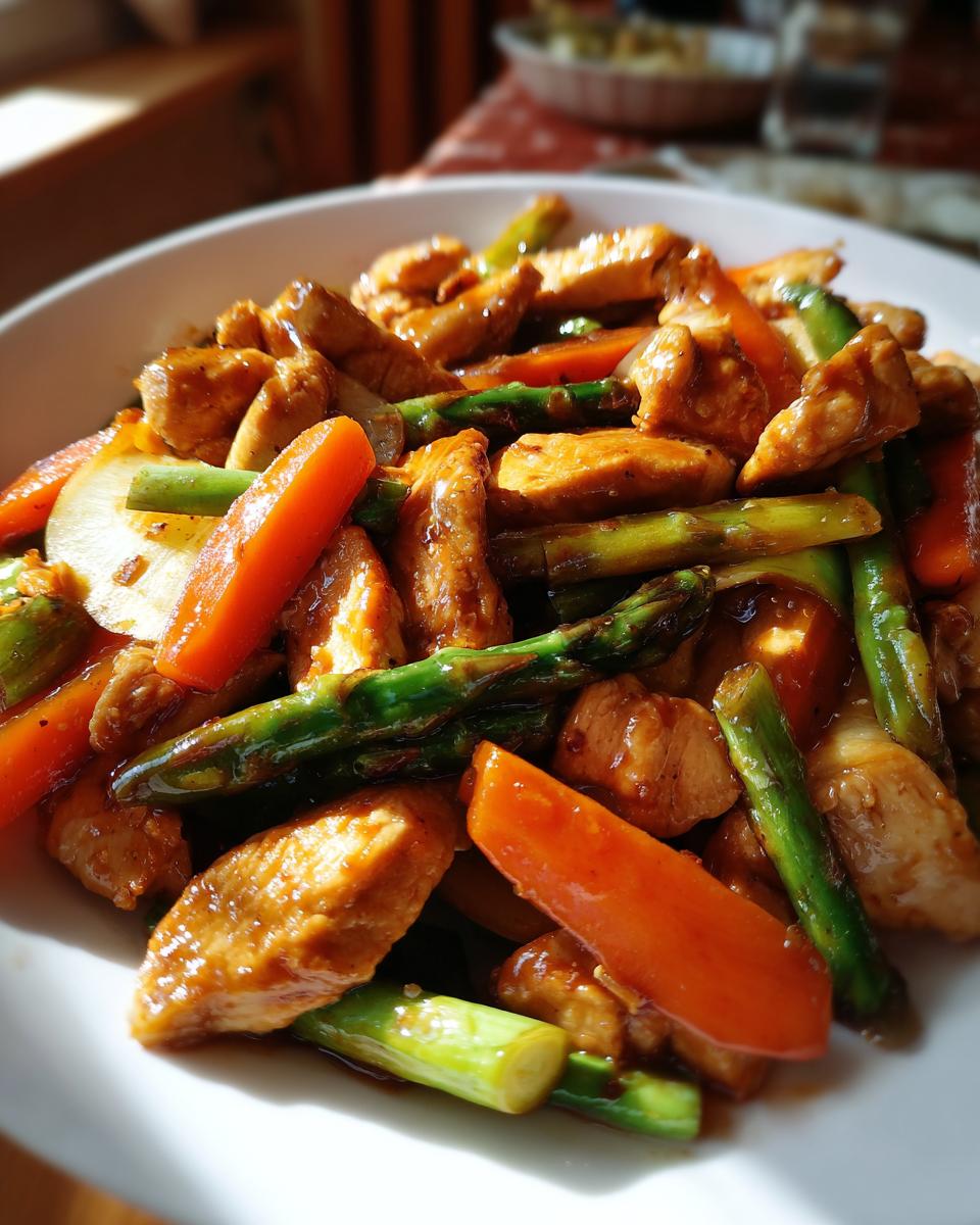 Close-up of a delicious chicken and asparagus stir-fry, a perfect easy dinner recipe, with carrots and a savory sauce.
