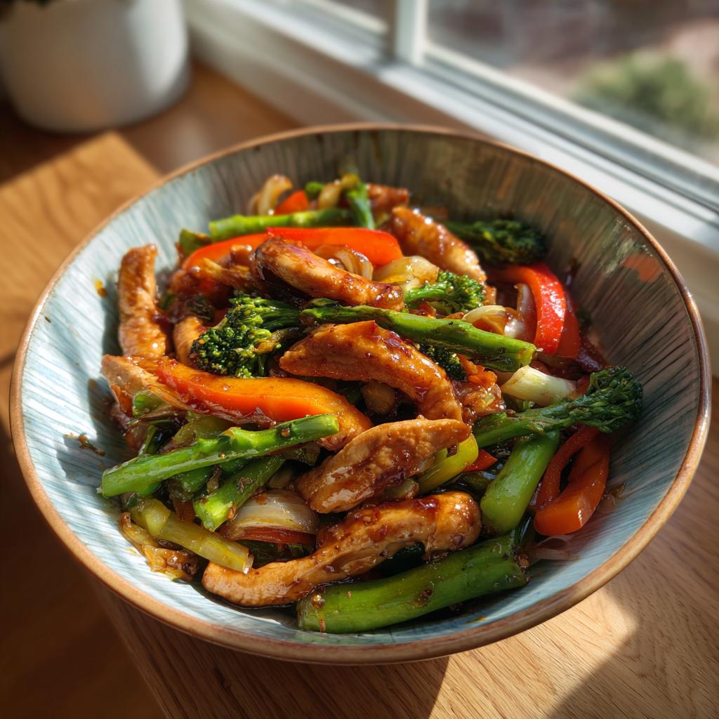 A colorful bowl of chicken stir-fry with broccoli, bell peppers, and asparagus, perfect for easy dinner recipes.