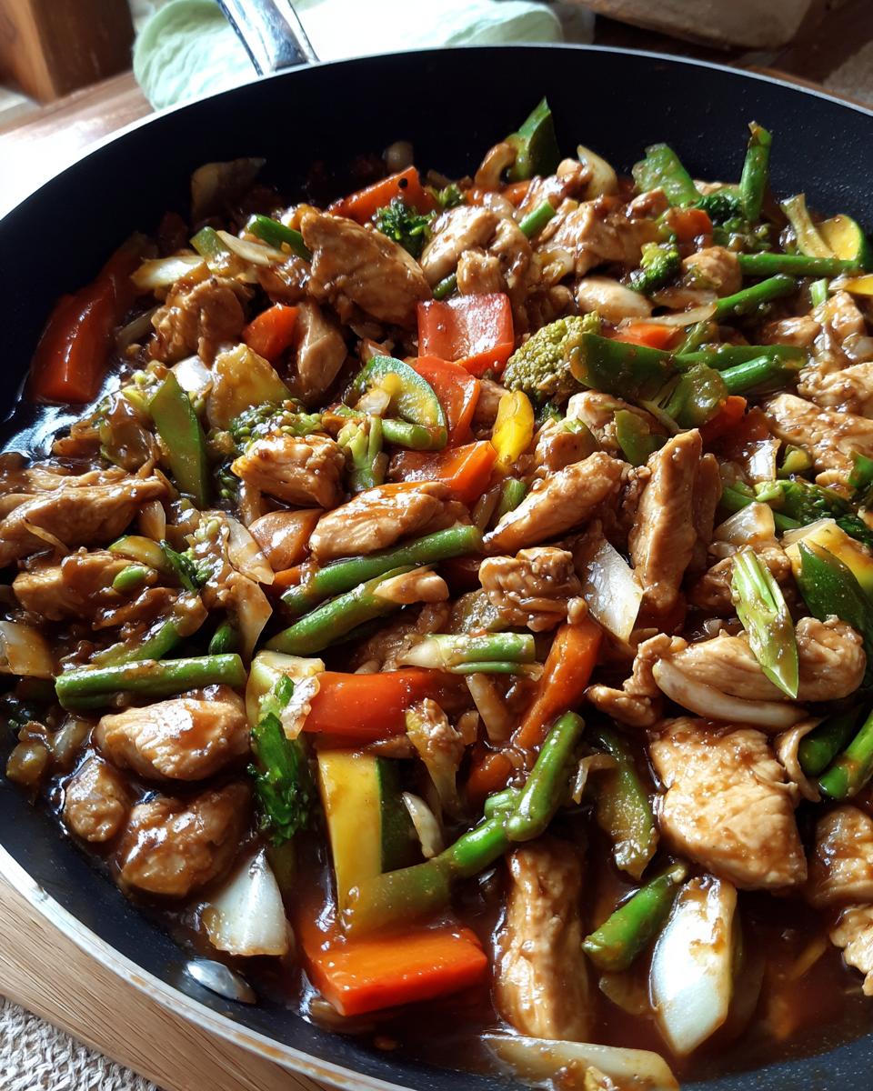 A close-up of a delicious chicken stir-fry with colorful vegetables, perfect for easy dinner recipes.